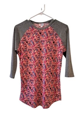 LuLaRoe Randy Pink Patterned Raglan Top with Gray Sleeves Size XS